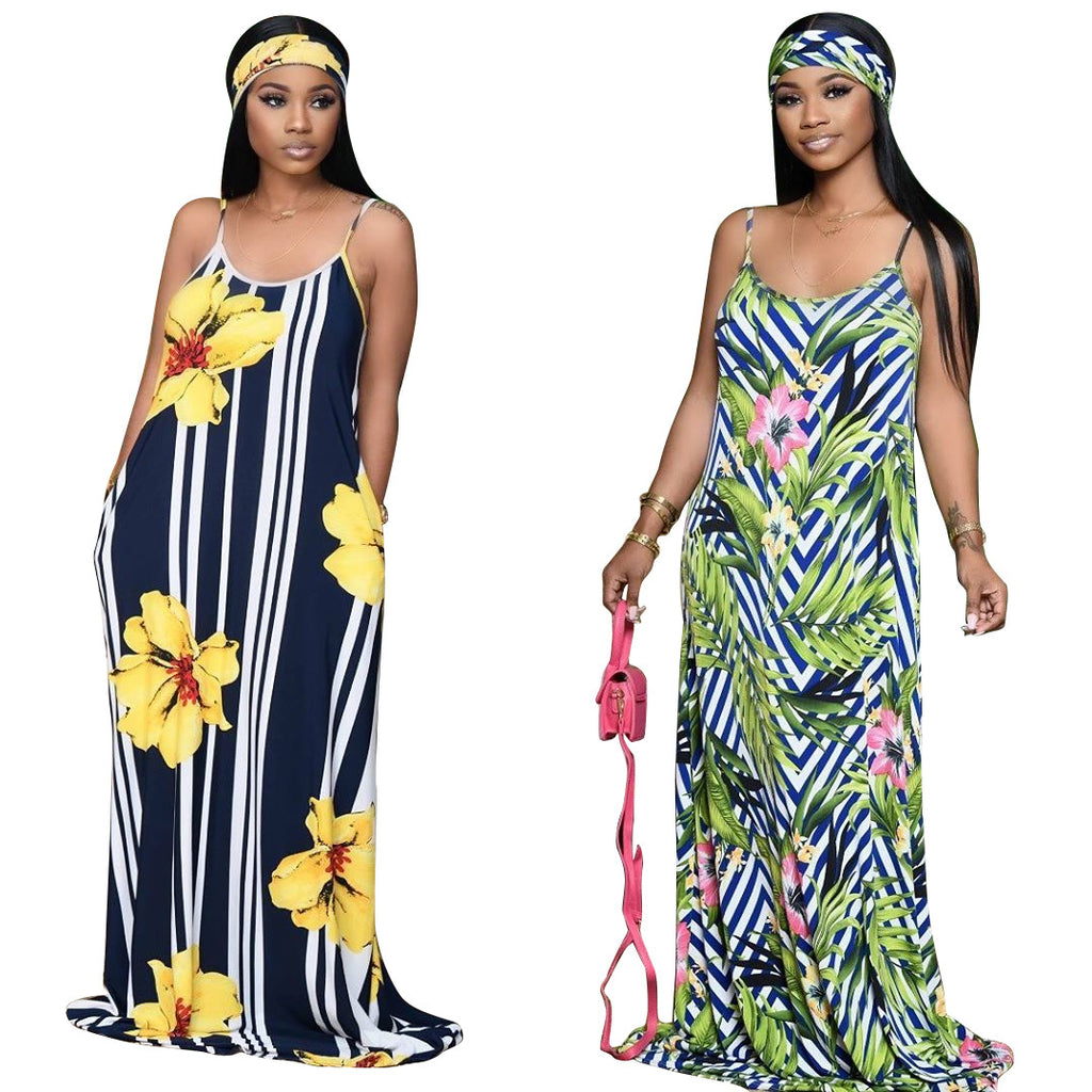 YM-8567 Womens Spaghetti Strap Maxi Dress Plus Size Sleeveless with Pockets and Belt