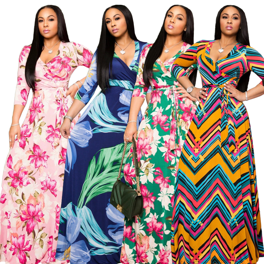 YM-8573 women fahshion 3/4 sleeve v neck foral printed maxi dress