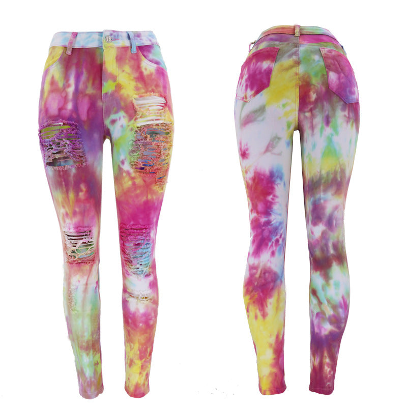 European and American Tie-Dye Printed Ripped Skinny Ankle Tight High Waist Jeans for Women