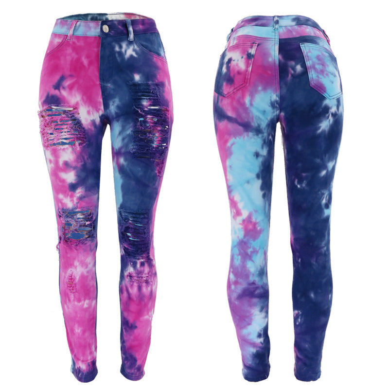 European and American Tie-Dye Printed Ripped Skinny Ankle Tight High Waist Jeans for Women