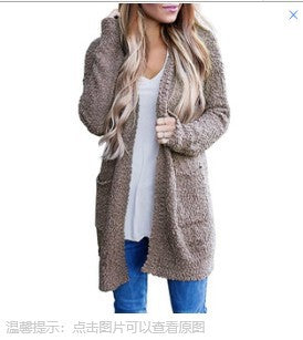 2022 Autumn and Winter New Knitwear Amazon Hot Solid Color Fleece Double Pocket Cardigan Sweater