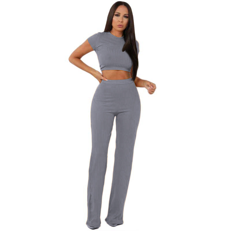 Fashion Casual Set Women's European and American High Elastic Cotton Sunken Stripe Wide Leg Pants Two-Piece Set