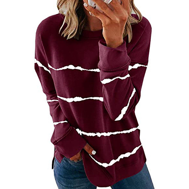 Autumn and Winter New Women's Cross-Border Amazon Hot Tie-Dye Printed Striped round Neck Loose Long Sleeves T-shirt Women's Top