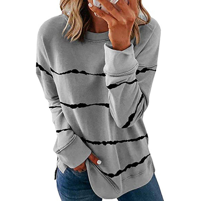 Autumn and Winter New Women's Cross-Border Amazon Hot Tie-Dye Printed Striped round Neck Loose Long Sleeves T-shirt Women's Top