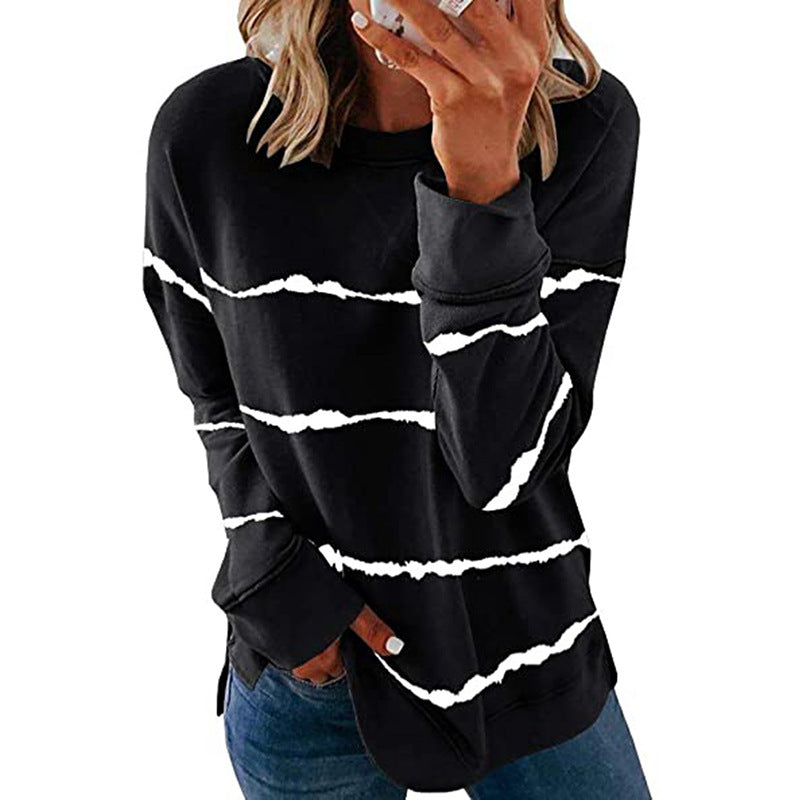 Autumn and Winter New Women's Cross-Border Amazon Hot Tie-Dye Printed Striped round Neck Loose Long Sleeves T-shirt Women's Top