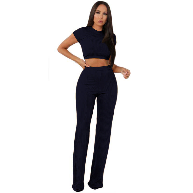 Fashion Casual Set Women's European and American High Elastic Cotton Sunken Stripe Wide Leg Pants Two-Piece Set