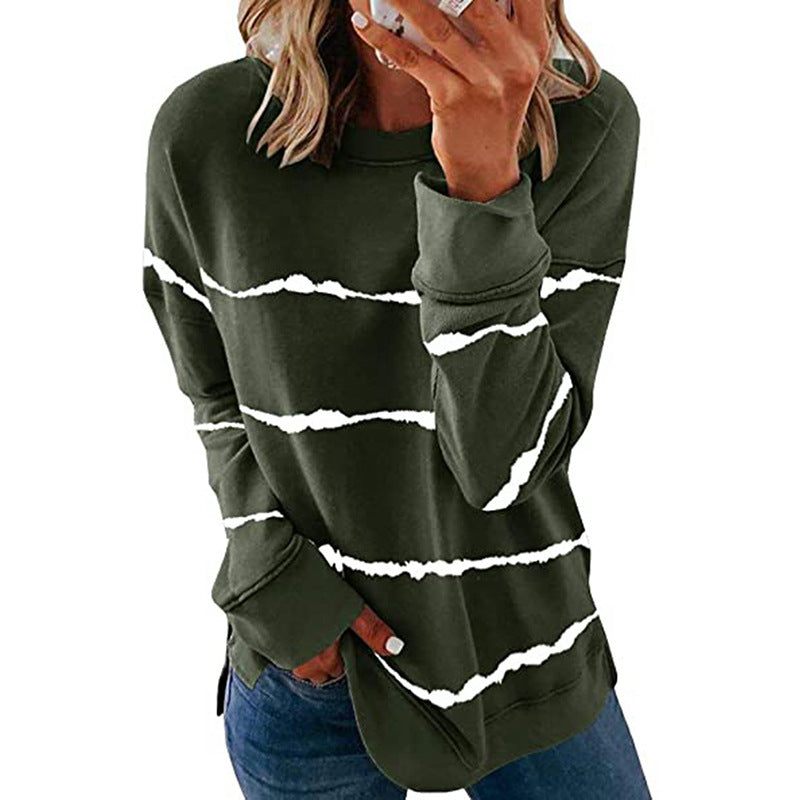 Autumn and Winter New Women's Cross-Border Amazon Hot Tie-Dye Printed Striped round Neck Loose Long Sleeves T-shirt Women's Top