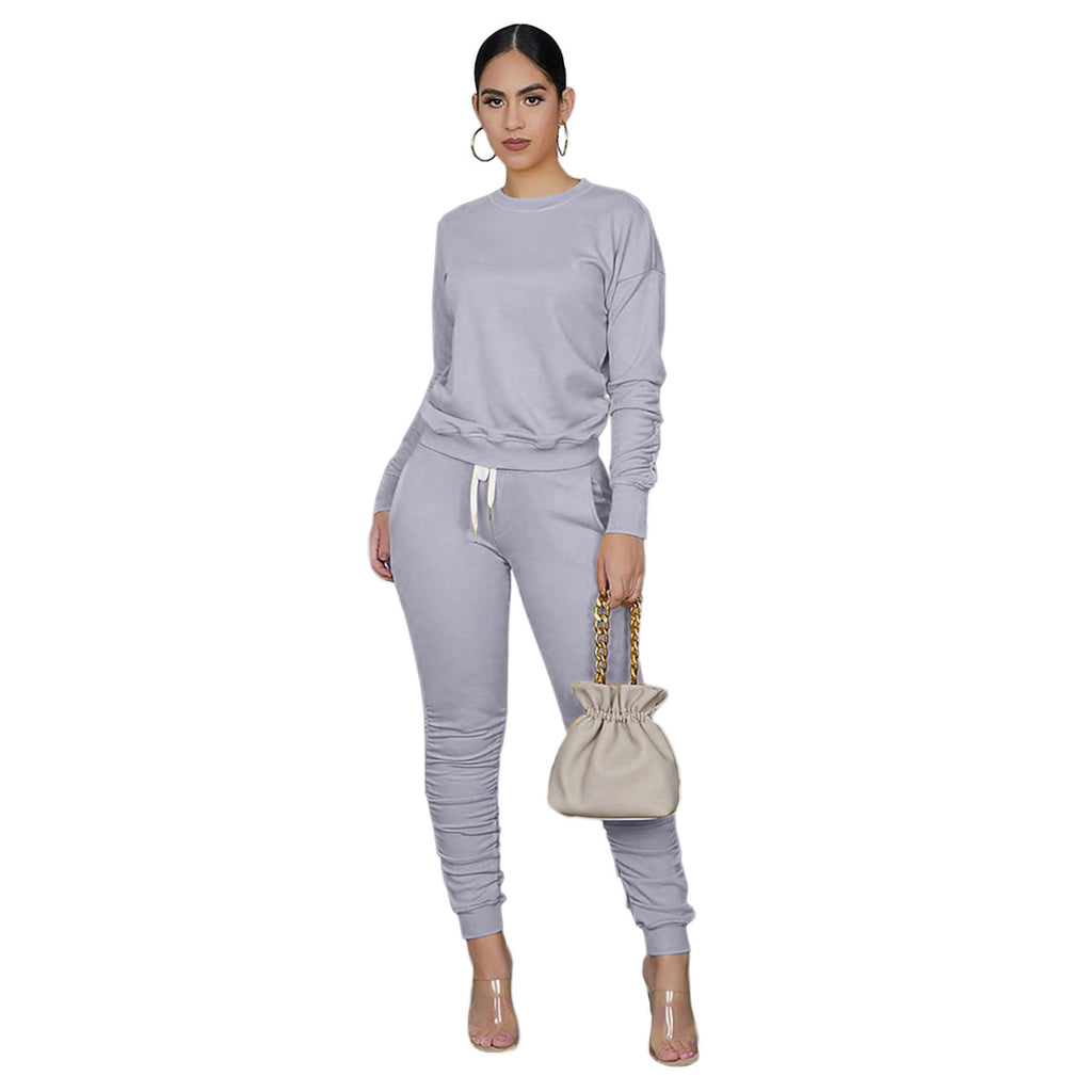 X9255 Solid Color Long-Sleeved T-shirt Pleated Two-Piece Pants Sports Suit