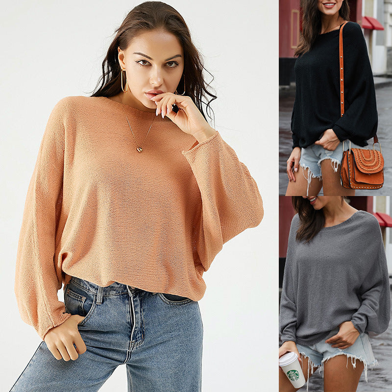 Women's Solid Color Loose-Fitting Casual round-Neck Knitted Sweater Long Sleeve