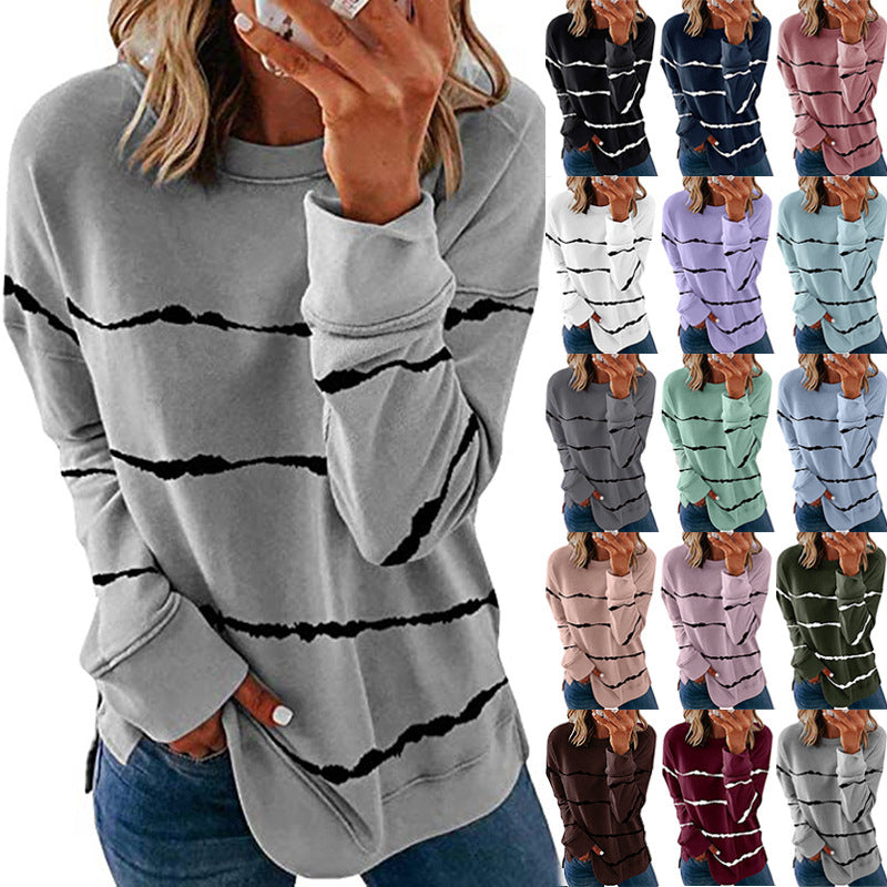 Autumn and Winter New Women's Cross-Border Amazon Hot Tie-Dye Printed Striped round Neck Loose Long Sleeves T-shirt Women's Top