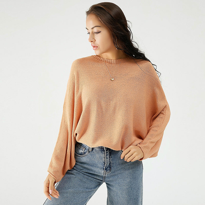 Women's Solid Color Loose-Fitting Casual round-Neck Knitted Sweater Long Sleeve