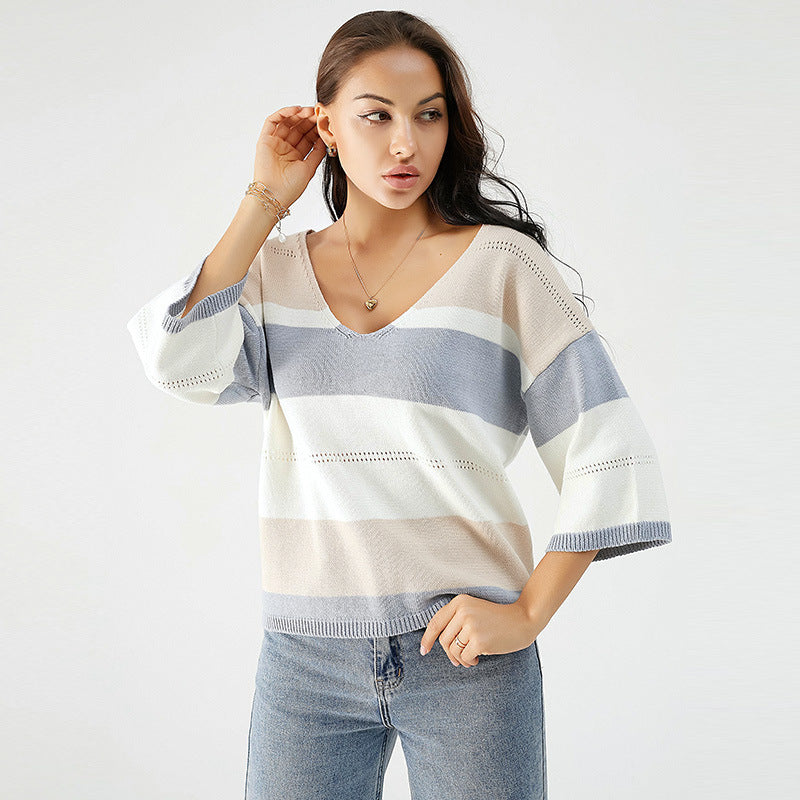 Contrast Color Knitwear Women's Style Loose Ninth-Sleeve Women's Casual Style