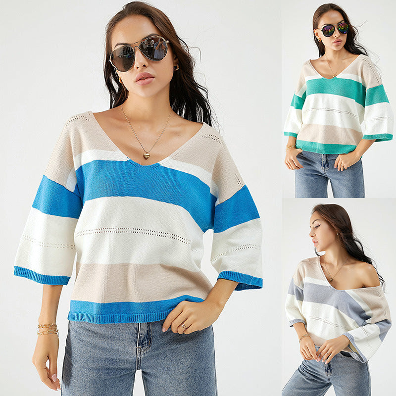 Contrast Color Knitwear Women's Style Loose Ninth-Sleeve Women's Casual Style