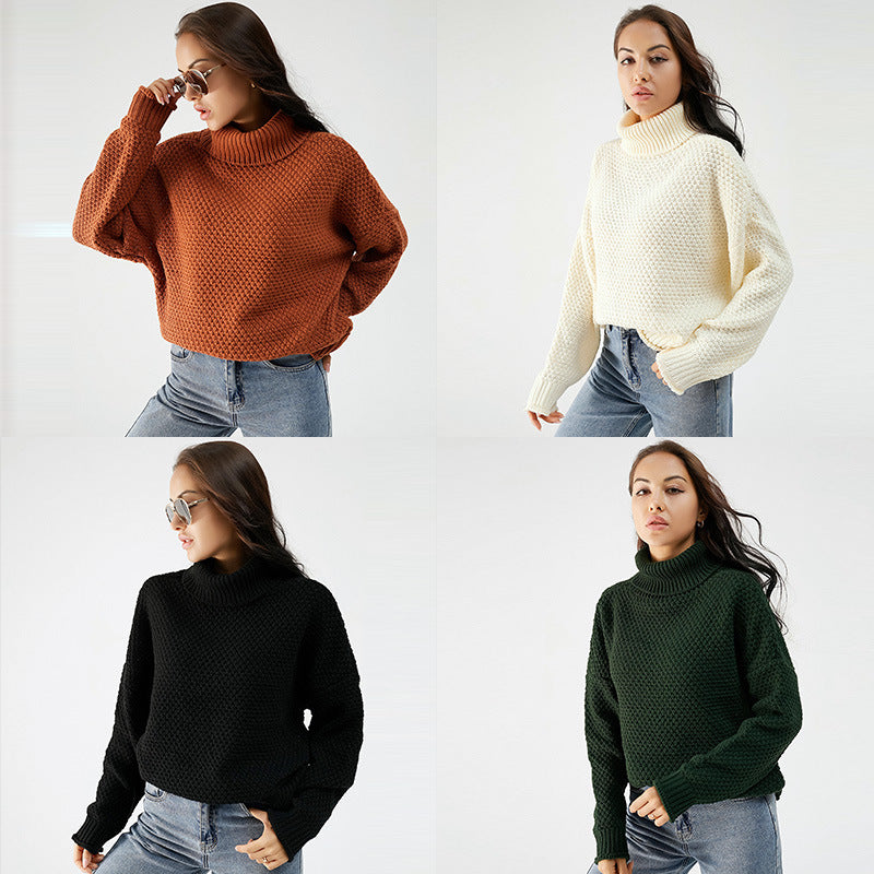 Women's Turtleneck Sweater Pure Color Thickened Pullover Knitted Loose Sweater Women's Long Sleeve