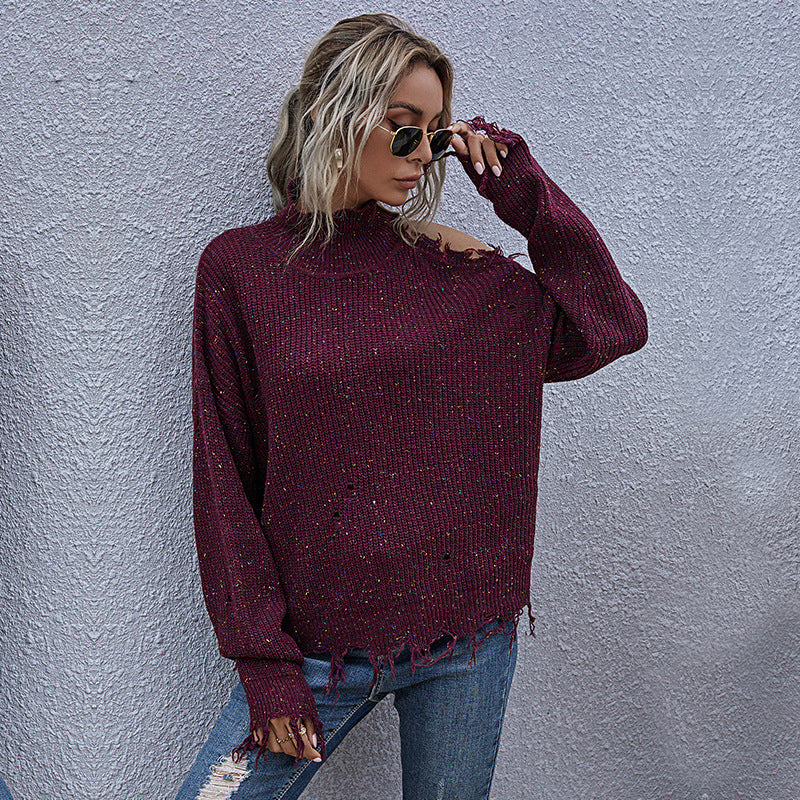 European and American Loose off-the-Shoulder Ripped Long Sleeves Turtleneck Autumn Knitted Sweater Women's Autumn Best-Selling Women's Clothing