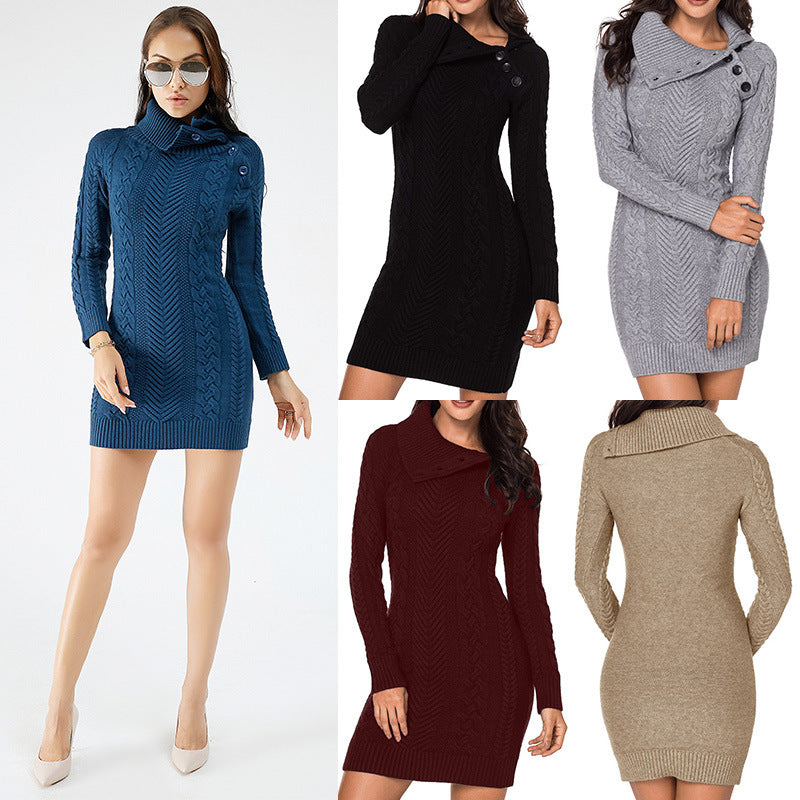 Fashionable Twisted Knitted Pullover Asymmetric Buckle Long Sleeve Mid-Length Women's Dress Sweater