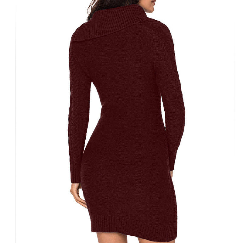 Fashionable Twisted Knitted Pullover Asymmetric Buckle Long Sleeve Mid-Length Women's Dress Sweater