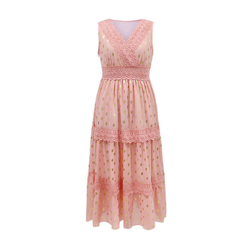 Sexy Deep V Sleeveless Chiffon Dress Stitching Midi Dress