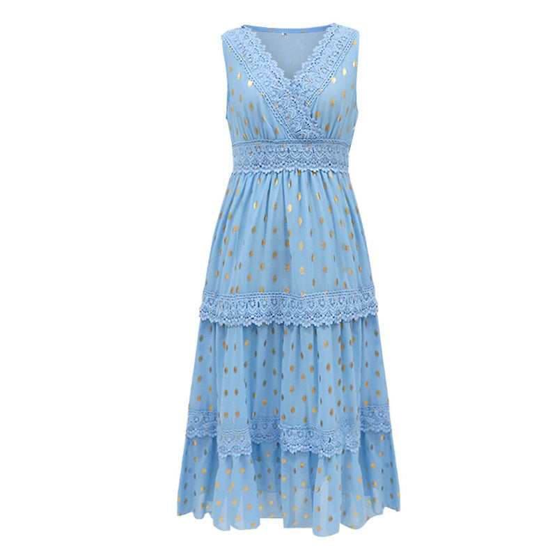 Sexy Deep V Sleeveless Chiffon Dress Stitching Midi Dress