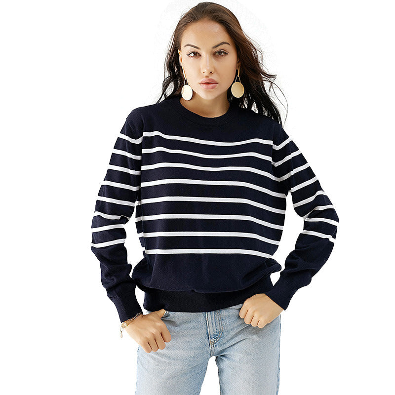 European and American Striped Sweater Women's Fashion round Neck Long Sleeve Pullover Women's Top