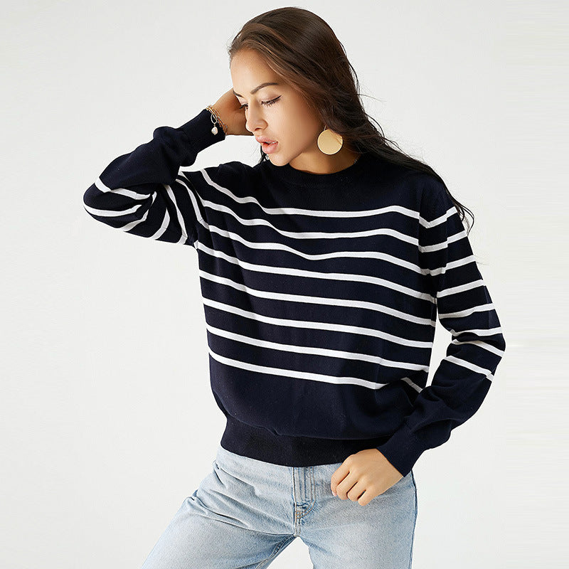 European and American Striped Sweater Women's Fashion round Neck Long Sleeve Pullover Women's Top