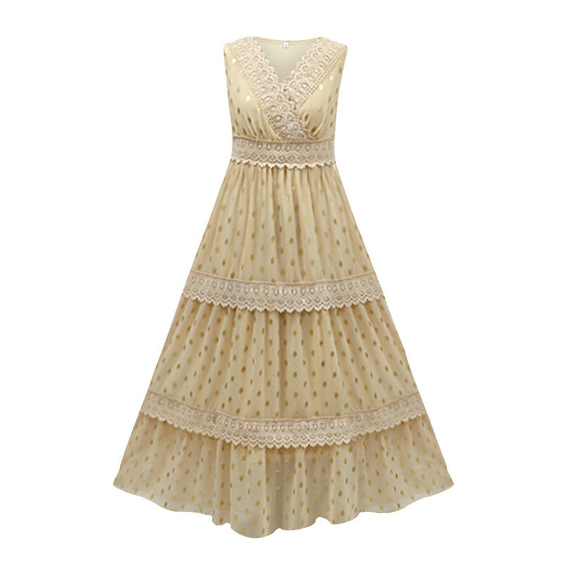 Sexy Deep V Sleeveless Chiffon Dress Stitching Midi Dress