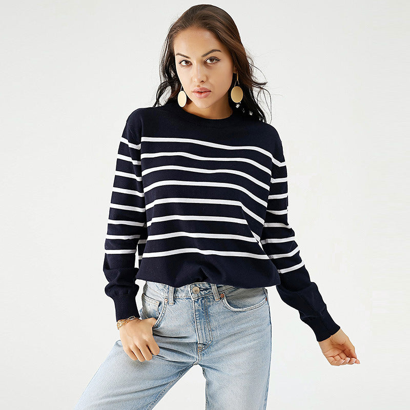 European and American Striped Sweater Women's Fashion round Neck Long Sleeve Pullover Women's Top