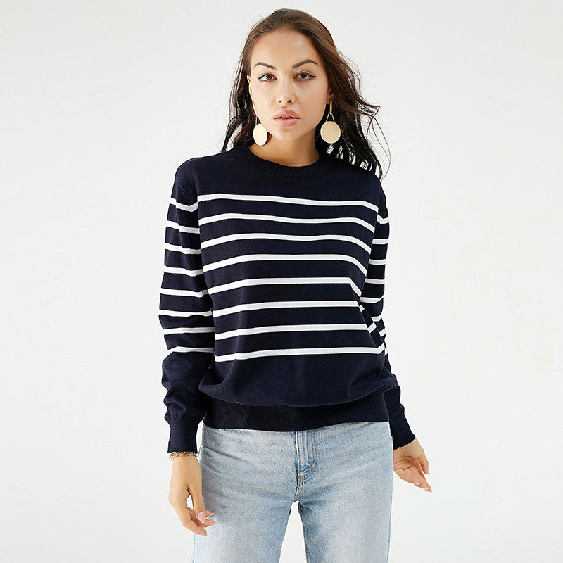 European and American Striped Sweater Women's Fashion round Neck Long Sleeve Pullover Women's Top