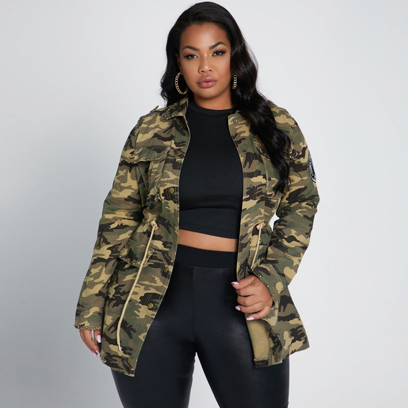 Chapter Rivet Stickers Multi-Bag Drawstring Cool Camouflage Workwear Casual Baseball Uniform Jacket plus Size Women's Coat