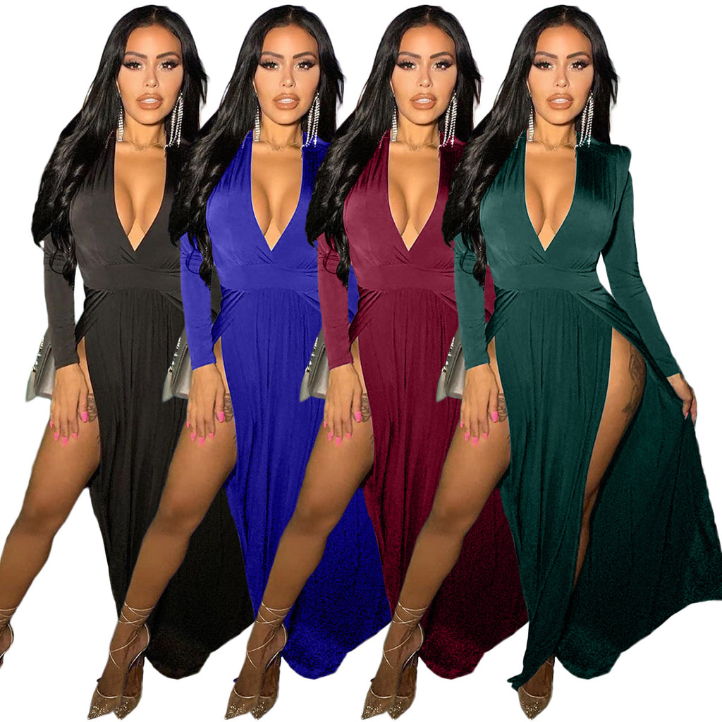 X9265 European and American Women's Clothing Solid Color Long Sleeve V-neck Patchwork Slit Hemline at Hem Dress