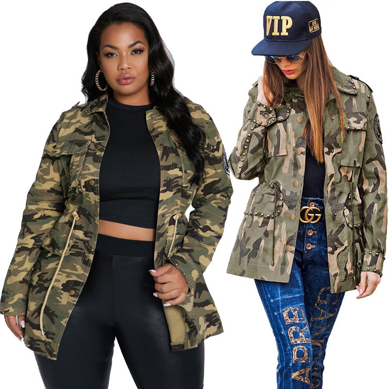 Chapter Rivet Stickers Multi-Bag Drawstring Cool Camouflage Workwear Casual Baseball Uniform Jacket plus Size Women's Coat