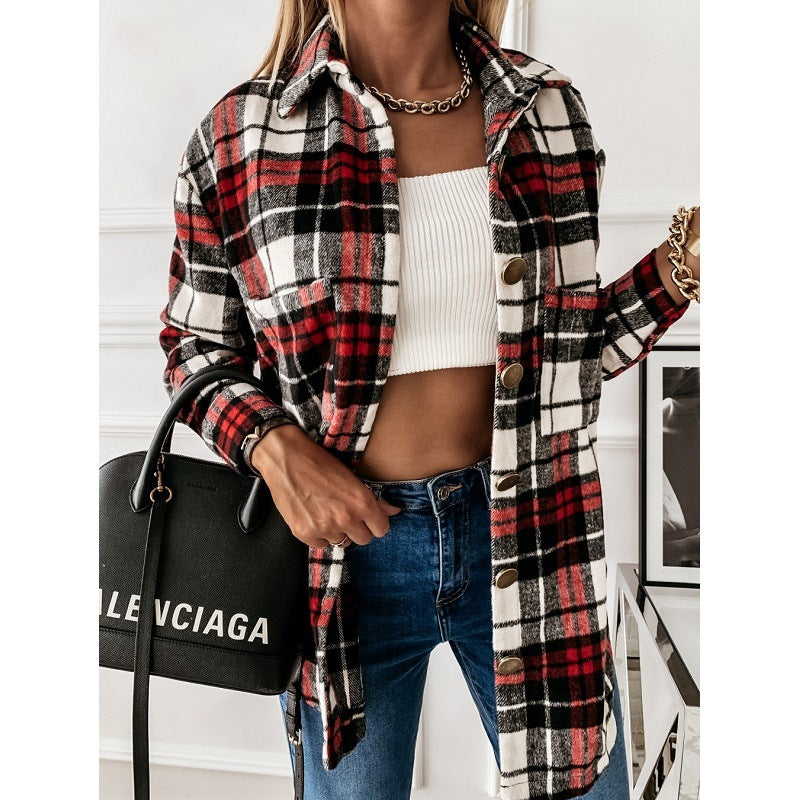 Women's Shirt Autumn and Winter New Fashion Plaid Brushed Woolen Coat for Women