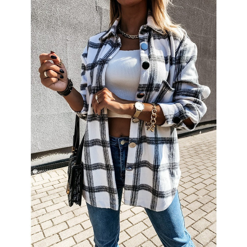 Women's Shirt Autumn and Winter New Fashion Plaid Brushed Woolen Coat for Women