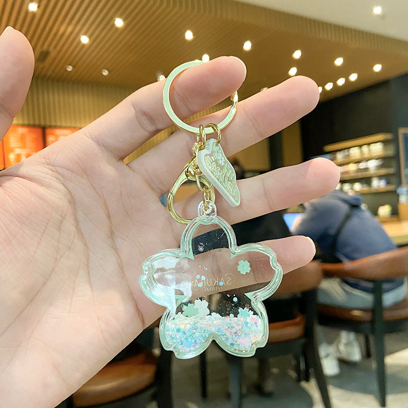 Cherry Blossom Cartoon Acrylic Keychain Oil Pendant Creative Quicksand Bottle Key Pendants Key Chain Accessories