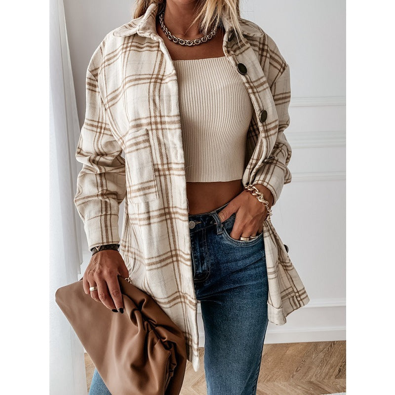 Women's Shirt Autumn and Winter New Fashion Plaid Brushed Woolen Coat for Women