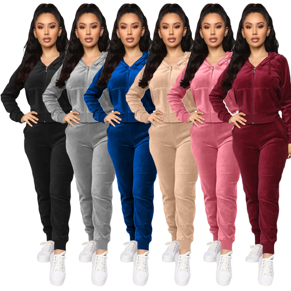 X9204 European And American Fashion Velvet Hooded Zipper Sweatshirt Elastic Waist Pants Two-Piece Set