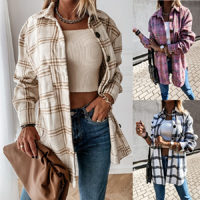 Women's Shirt Autumn and Winter New Fashion Plaid Brushed Woolen Coat for Women