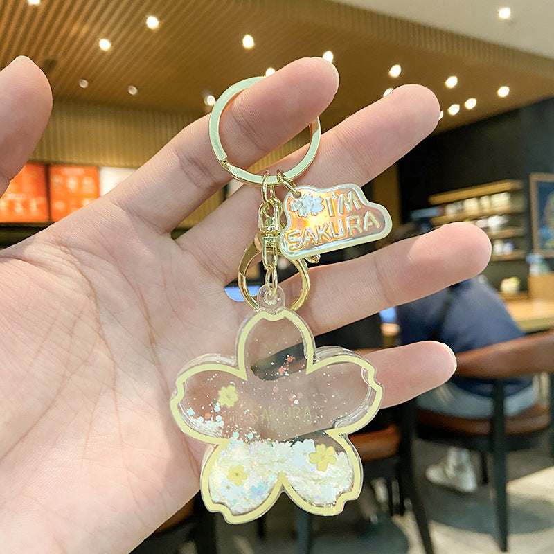 Cherry Blossom Cartoon Acrylic Keychain Oil Pendant Creative Quicksand Bottle Key Pendants Key Chain Accessories