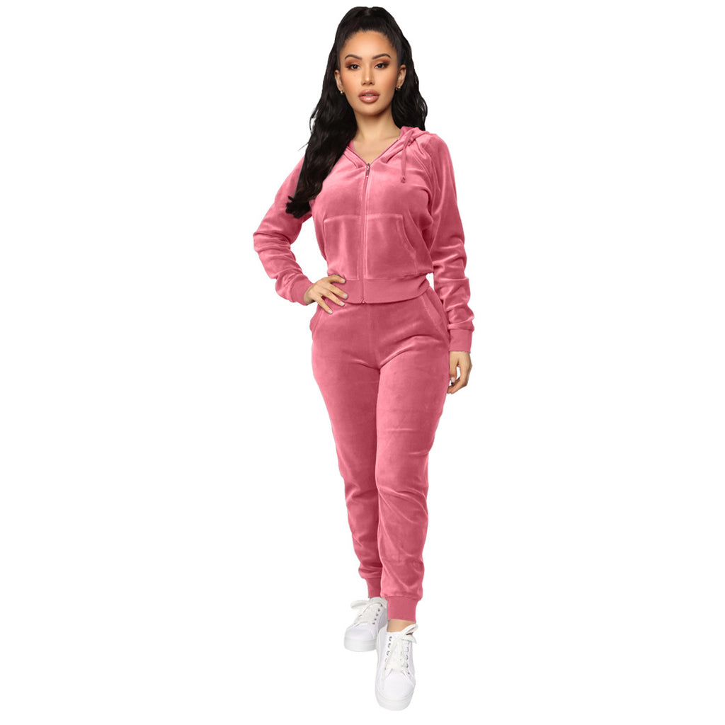 X9204 European And American Fashion Velvet Hooded Zipper Sweatshirt Elastic Waist Pants Two-Piece Set