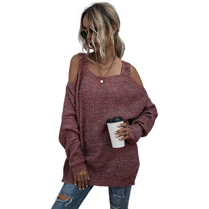 Autumn Solid Color Knitted Square Collar Shoulder-Baring Bottoming Sweater Women's Long-Sleeved Women's Clothing