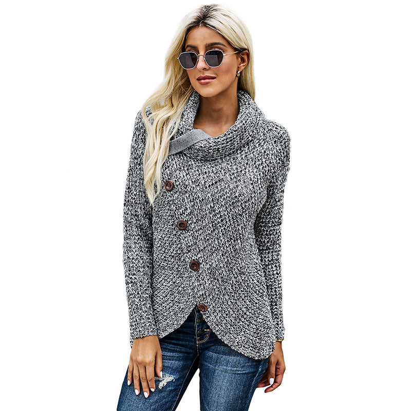 Women's Turtleneck Sweater Autumn and Winter New Long Sleeve Hem Asymmetric Button Pullover Sweater Women's Sweater