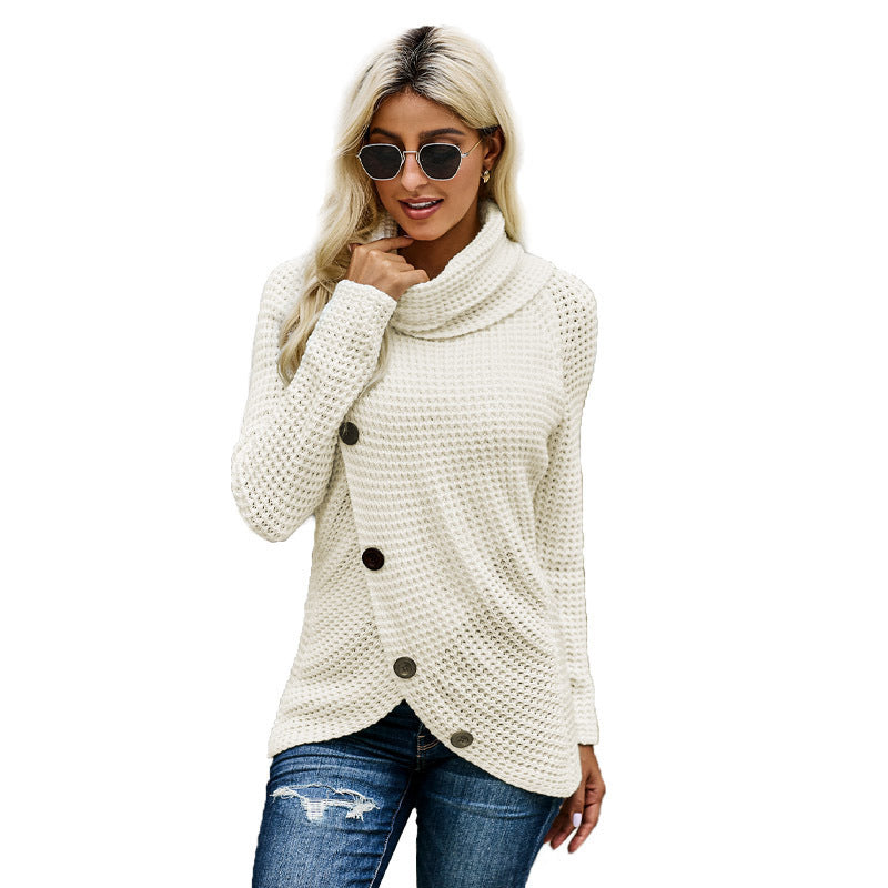 Women's Turtleneck Sweater Autumn and Winter New Long Sleeve Hem Asymmetric Button Pullover Sweater Women's Sweater