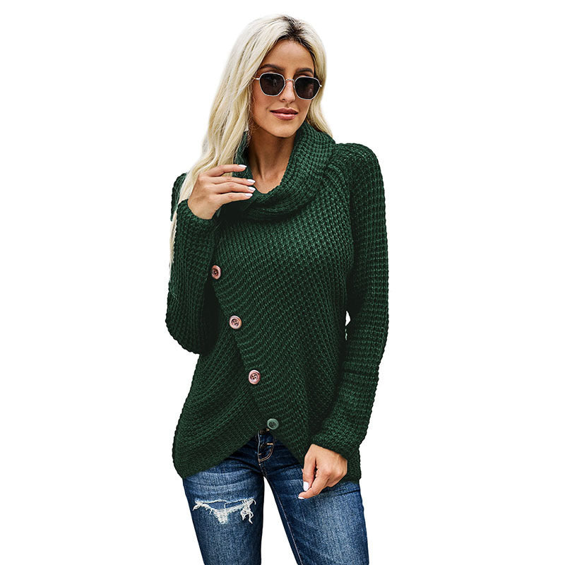 Women's Turtleneck Sweater Autumn and Winter New Long Sleeve Hem Asymmetric Button Pullover Sweater Women's Sweater