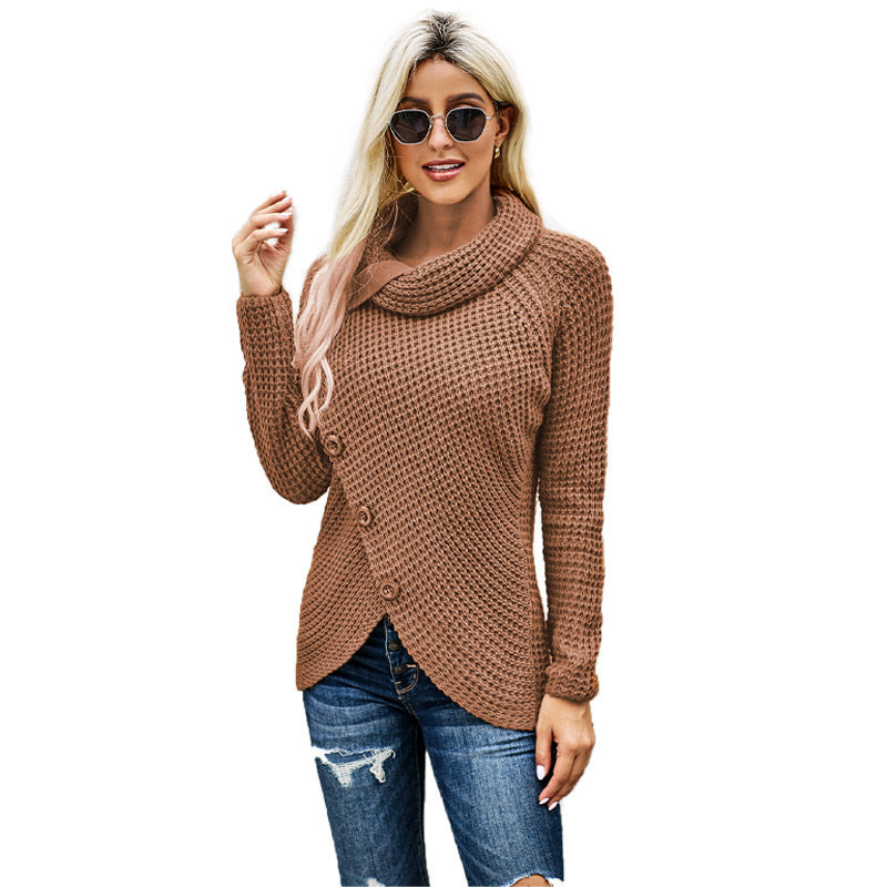 Women's Turtleneck Sweater Autumn and Winter New Long Sleeve Hem Asymmetric Button Pullover Sweater Women's Sweater