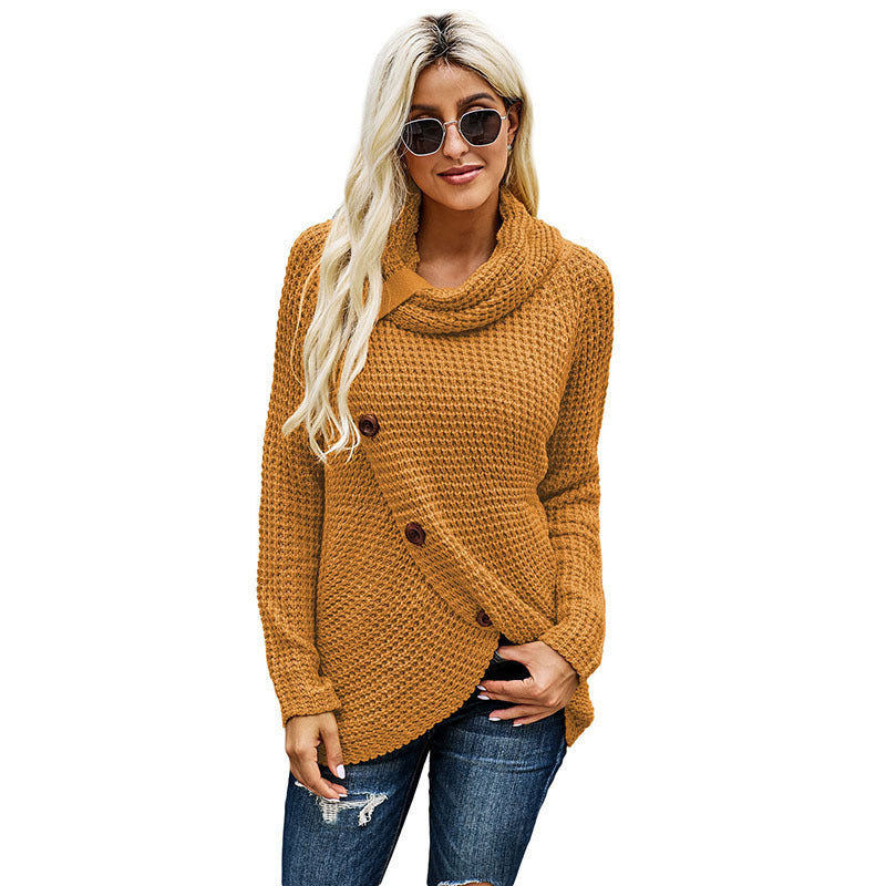 Women's Turtleneck Sweater Autumn and Winter New Long Sleeve Hem Asymmetric Button Pullover Sweater Women's Sweater