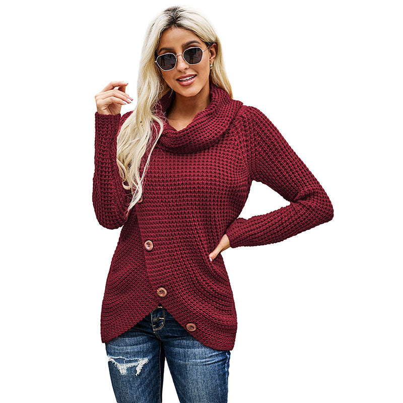 Women's Turtleneck Sweater Autumn and Winter New Long Sleeve Hem Asymmetric Button Pullover Sweater Women's Sweater