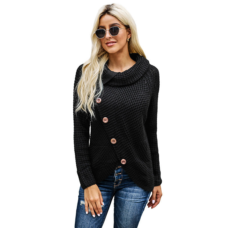 Women's Turtleneck Sweater Autumn and Winter New Long Sleeve Hem Asymmetric Button Pullover Sweater Women's Sweater