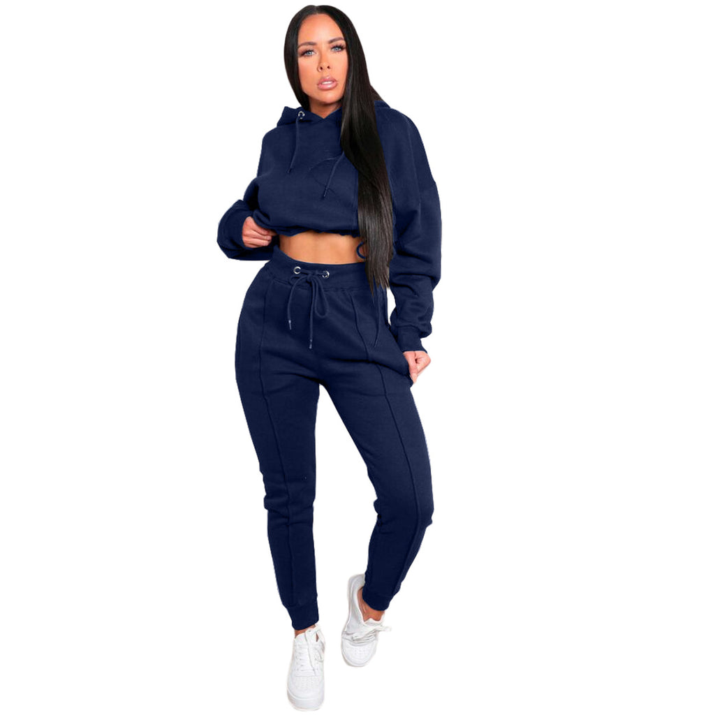 X9289 Solid Color Cropped Navel Hooded Sweatshirt Elastic Waist Pants Cover Tracksuit