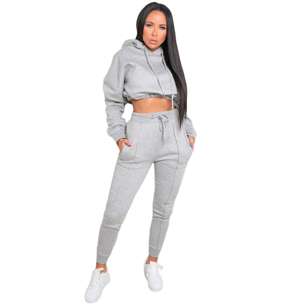 X9289 Solid Color Cropped Navel Hooded Sweatshirt Elastic Waist Pants Cover Tracksuit