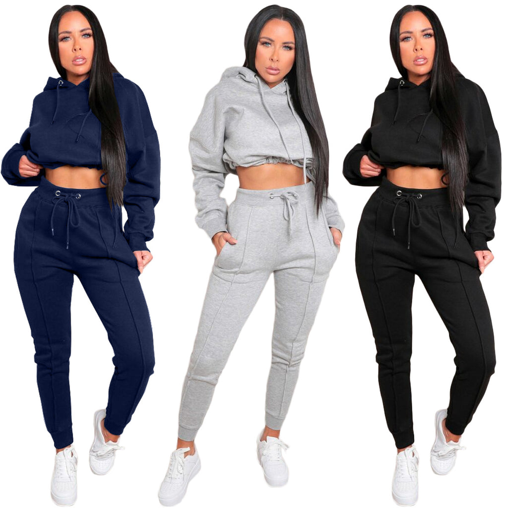 X9289 Solid Color Cropped Navel Hooded Sweatshirt Elastic Waist Pants Cover Tracksuit